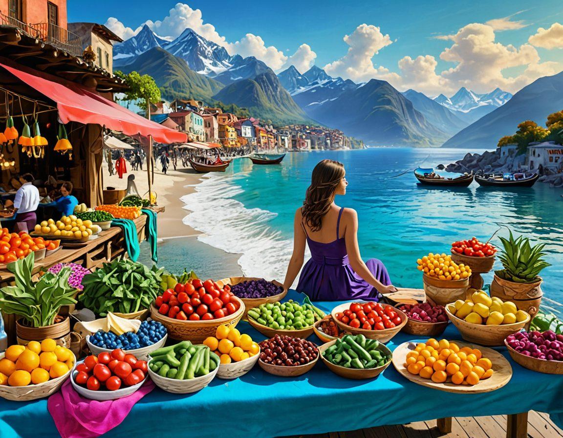 A serene landscape featuring a fashionable traveler enjoying a local culinary dish in a vibrant market, surrounded by colorful textiles and fresh produce. The foreground includes elegant fashion pieces draped over a rustic table, while the background showcases iconic travel scenery, like mountains and oceans. Bright, inviting colors and a sense of joy emanate from the scene. surrealistic. vibrant colors. 3D.