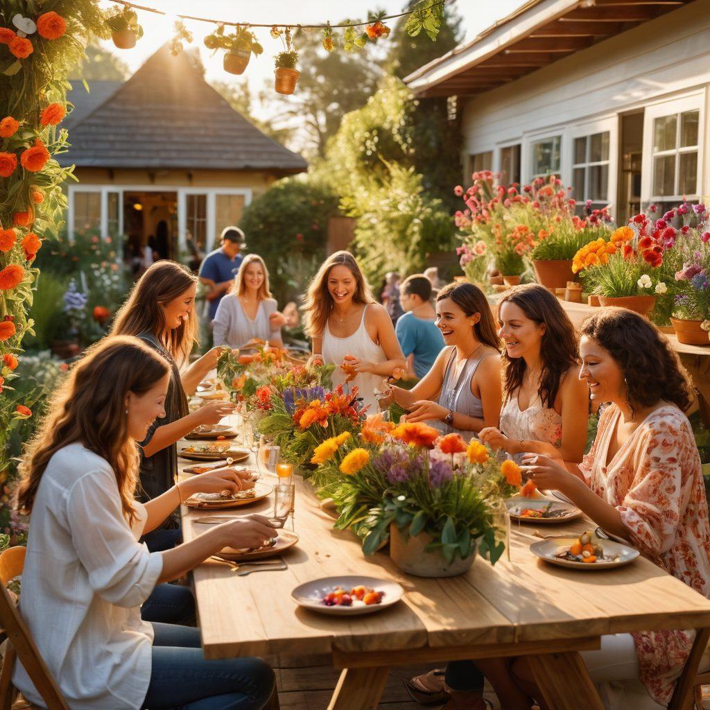 A vibrant scene depicting a diverse group of people actively engaged in various lifestyle design activities, such as gardening, crafting, and cooking, all centered around a communal table adorned with colorful flowers and plants. In the background, a warm sunset casts an inviting glow, symbolizing connection and creativity. Each person showcases their unique style and passion. super-realistic. vibrant colors. warm tones.